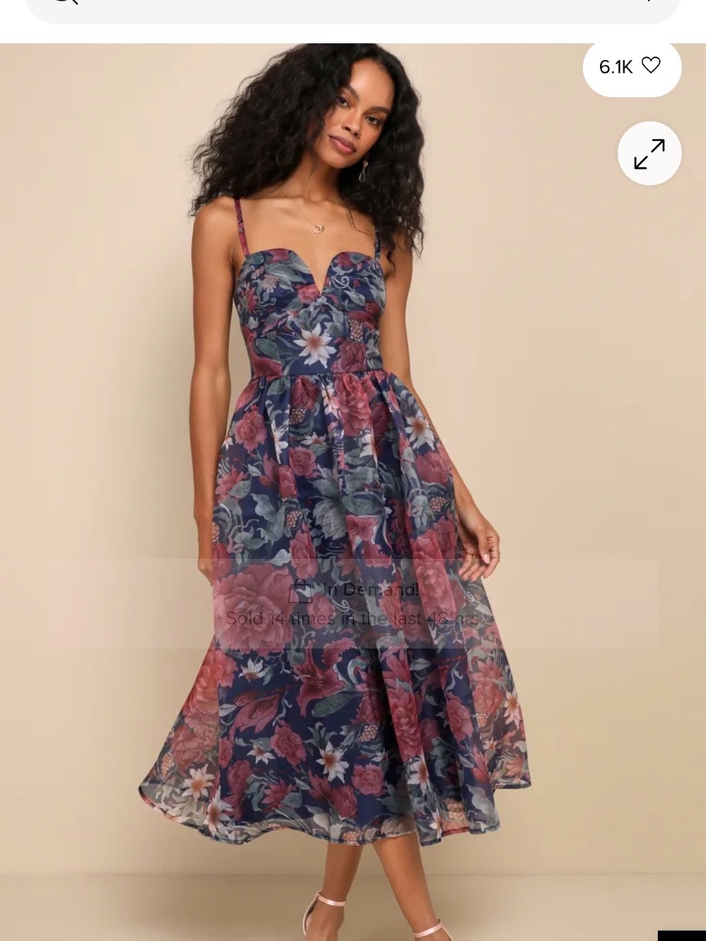 Lulu's Navy Floral Sweetheart Midi Dress with Rose Accents
